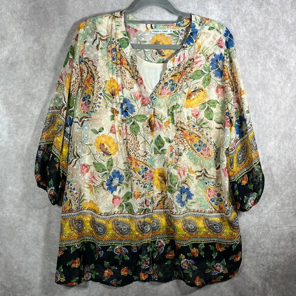 Figueroa & Flower Blouse Womens 1X Multicolor Floral Button Front Boho‎ Festival - Picture 1 of 9
